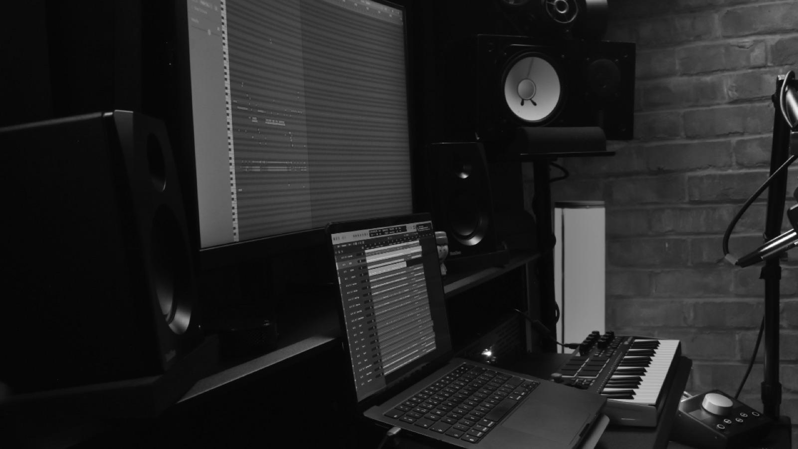 Studio mixing desk and monitors