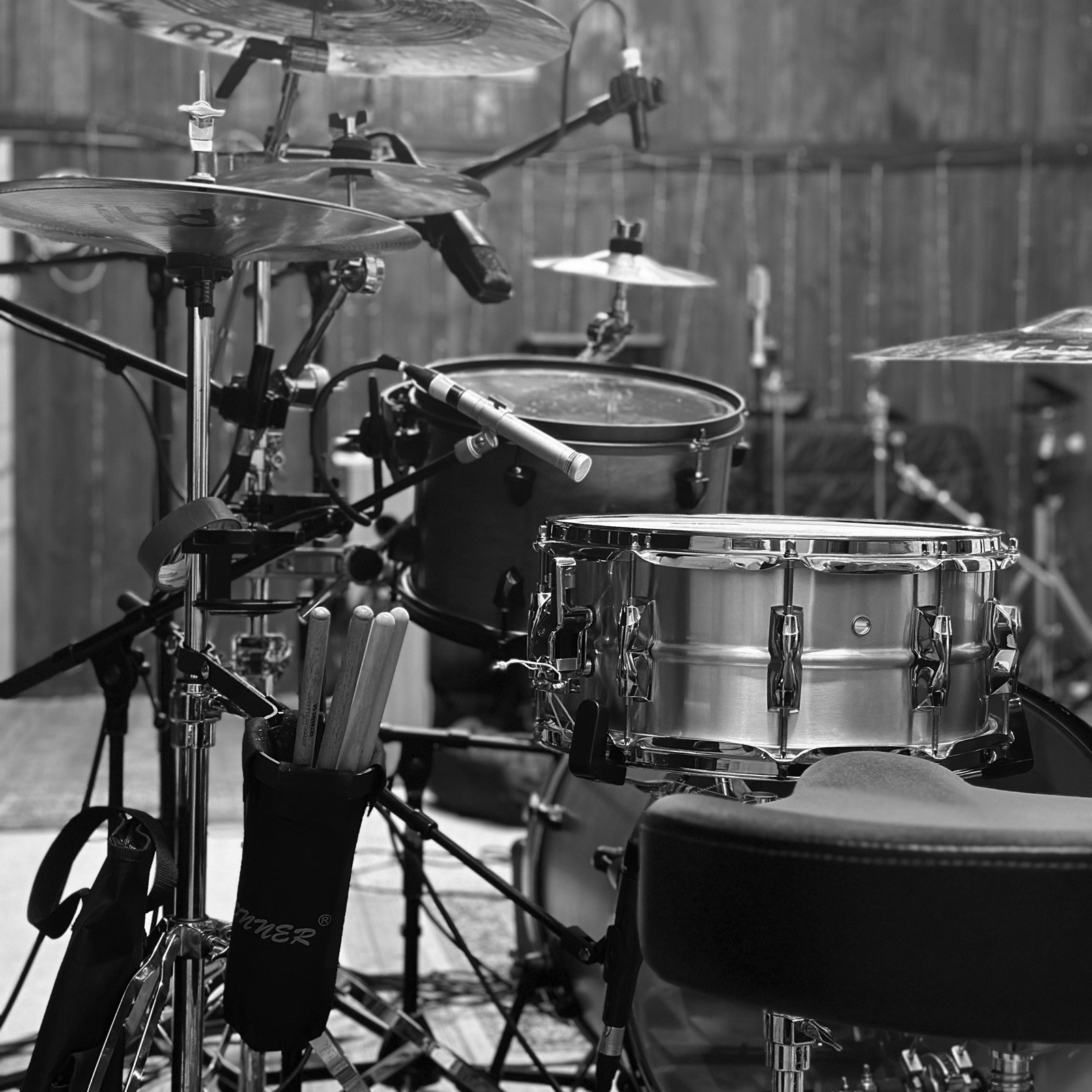 Top-down view of the drum kit during a session