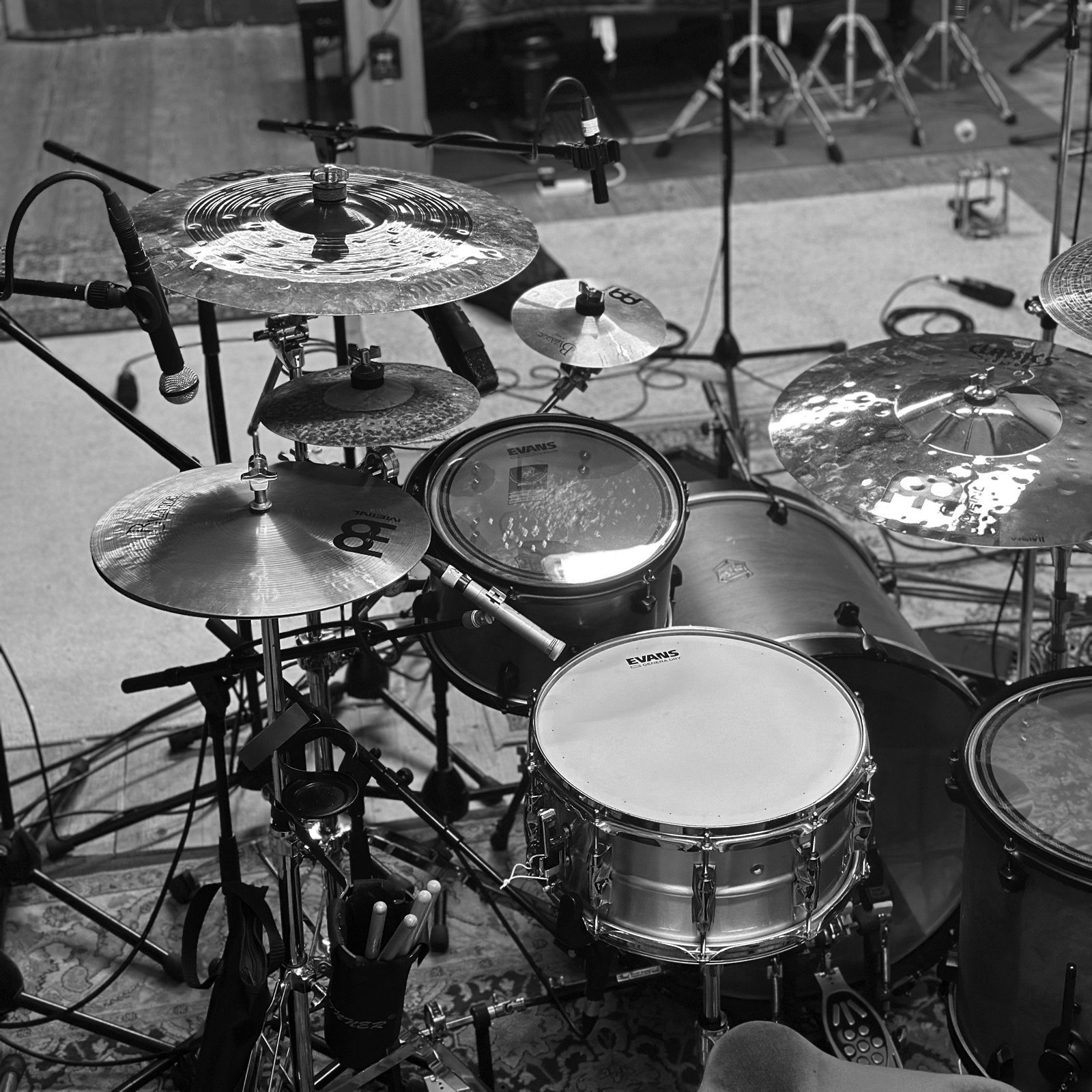 Detailed drum kit and cymbal setup, overhead angle