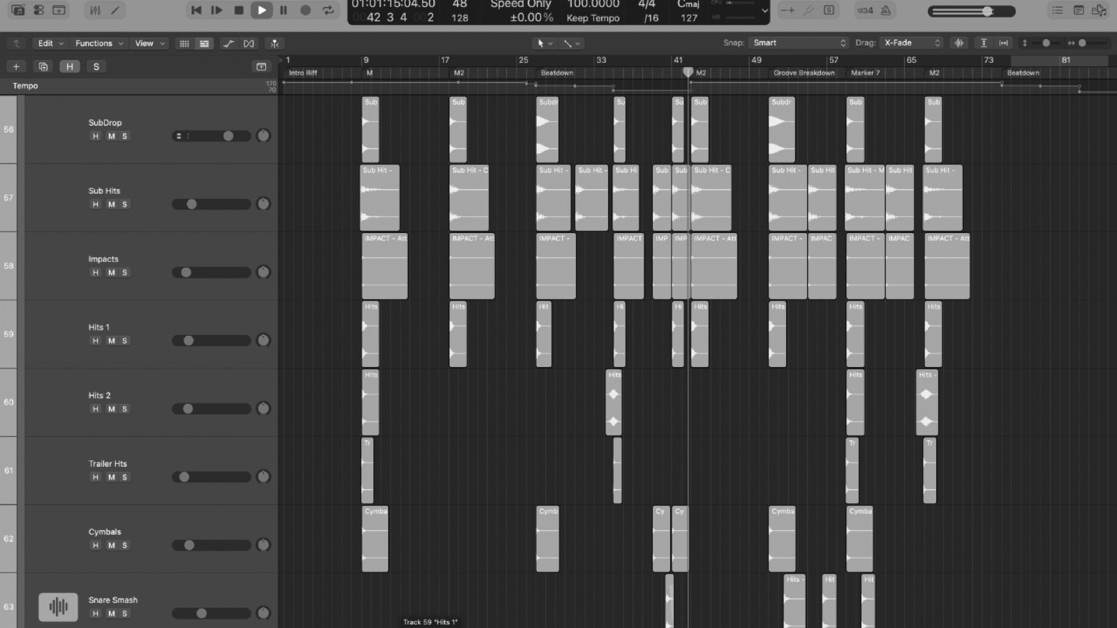 Full mix session in the DAW with stems and automation