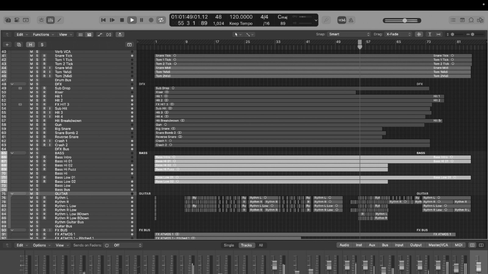 Mixing session open in the DAW, multitrack arrangement